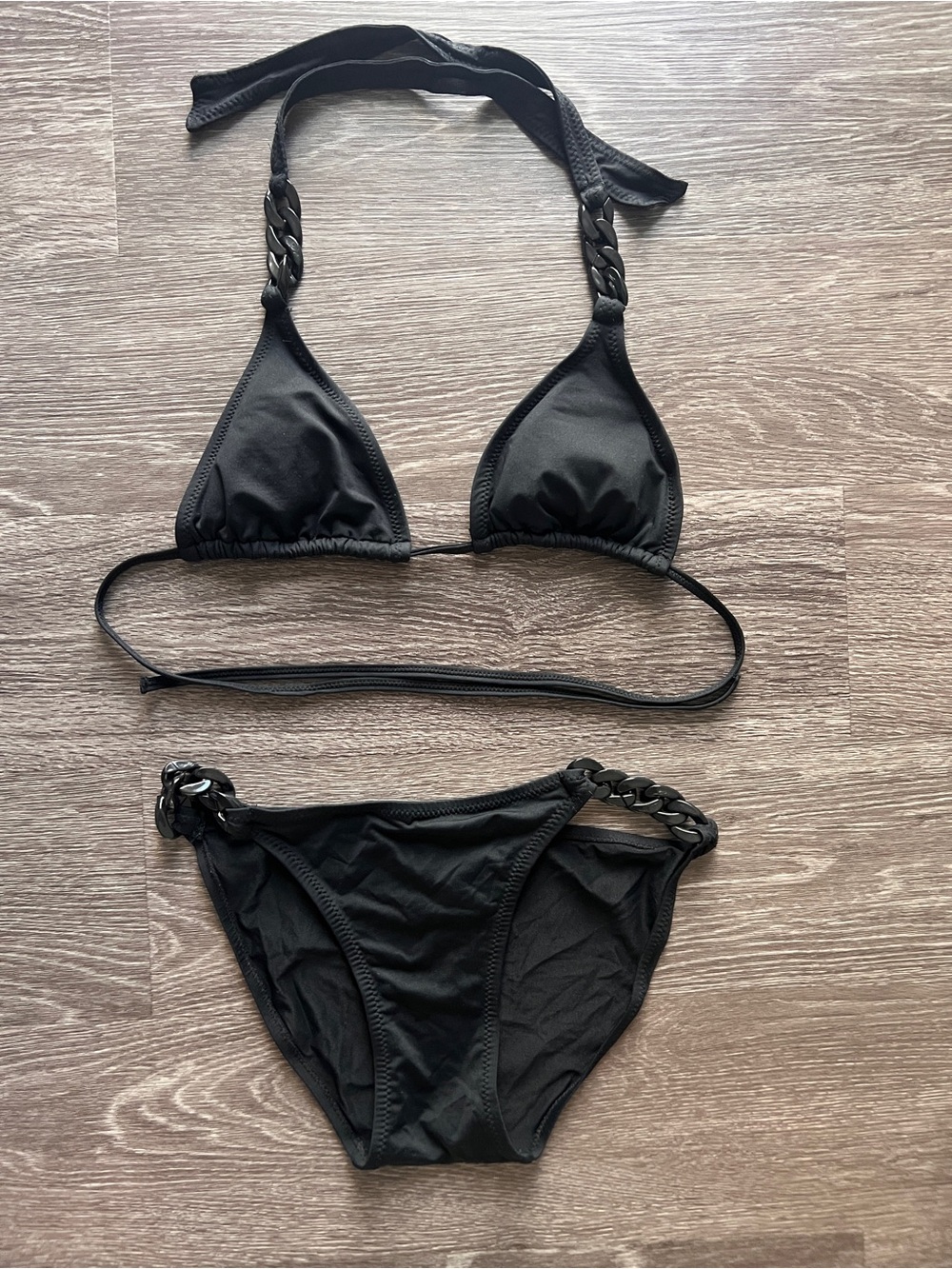 DKNY Women's Black Chain-Detail Triangle Bikini Set